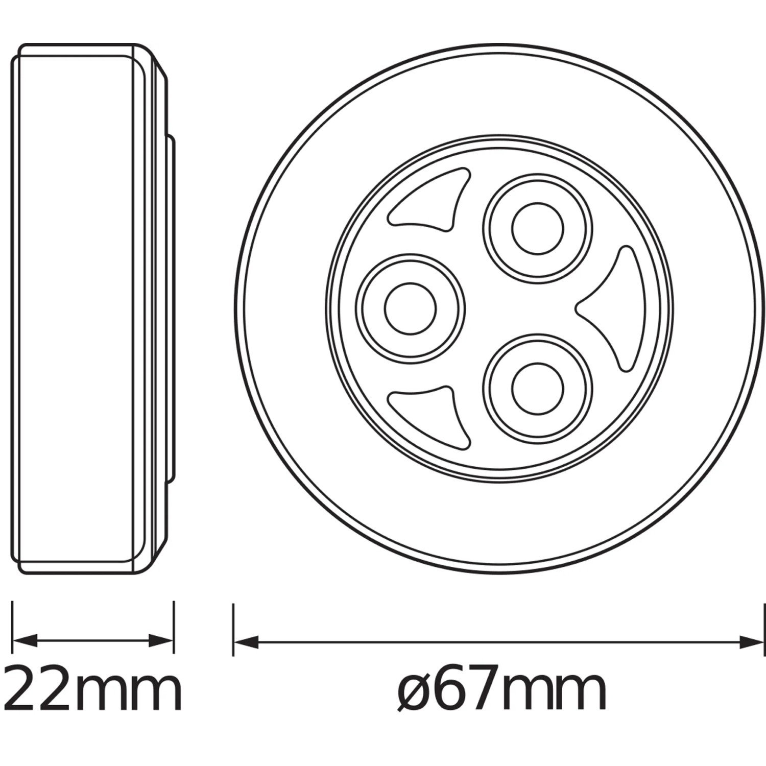 Osram LED Nachtlicht DOT-it Classic, 0,23W, 7000K, Ø 6,8cm, technische Zeichnung mit Maßen.