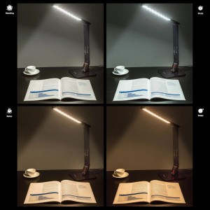 Schwarze Tectake LED Schreibtischlampe mit 4 Farbtemperaturen für Lesen, Arbeiten, Entspannen und Schlafen auf einem Schreibtisch.