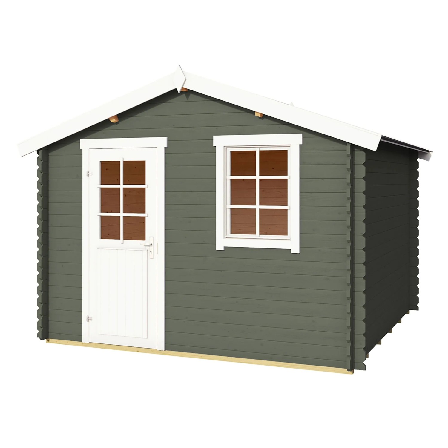 Grau-grünes Lasita Gartenhaus Wels 3 (300x300 cm) mit weißer Tür und Fenster.