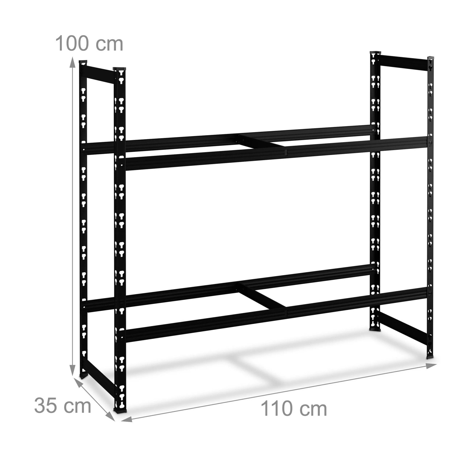 Schwarzes Stahl Reifenregal mit Stecksystem, höhenverstellbar, für 8 Autoreifen. Maße 100x110x35 cm, ideal für Garage.