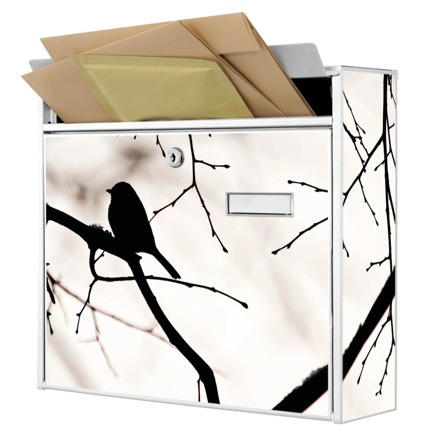 Weißer Banjado Briefkasten mit Vogel-Motiv, inkl. Montagematerial und Schlüsseln.