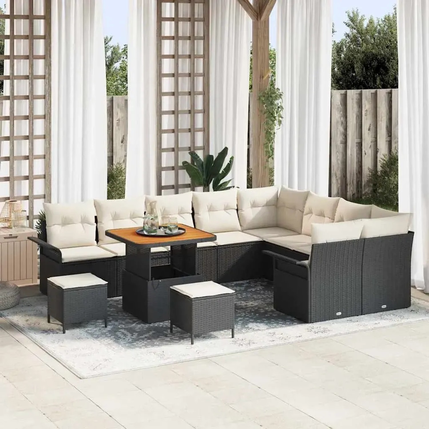 vidaXL Garten-Sofa-Set, 12-teilig, schwarz, Poly Rattan, Akazie, mit Tisch und Kissen.