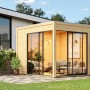 Modernes Karibu Gartenhaus Kubus 3 mit großen Glasfronten und Flachdach.