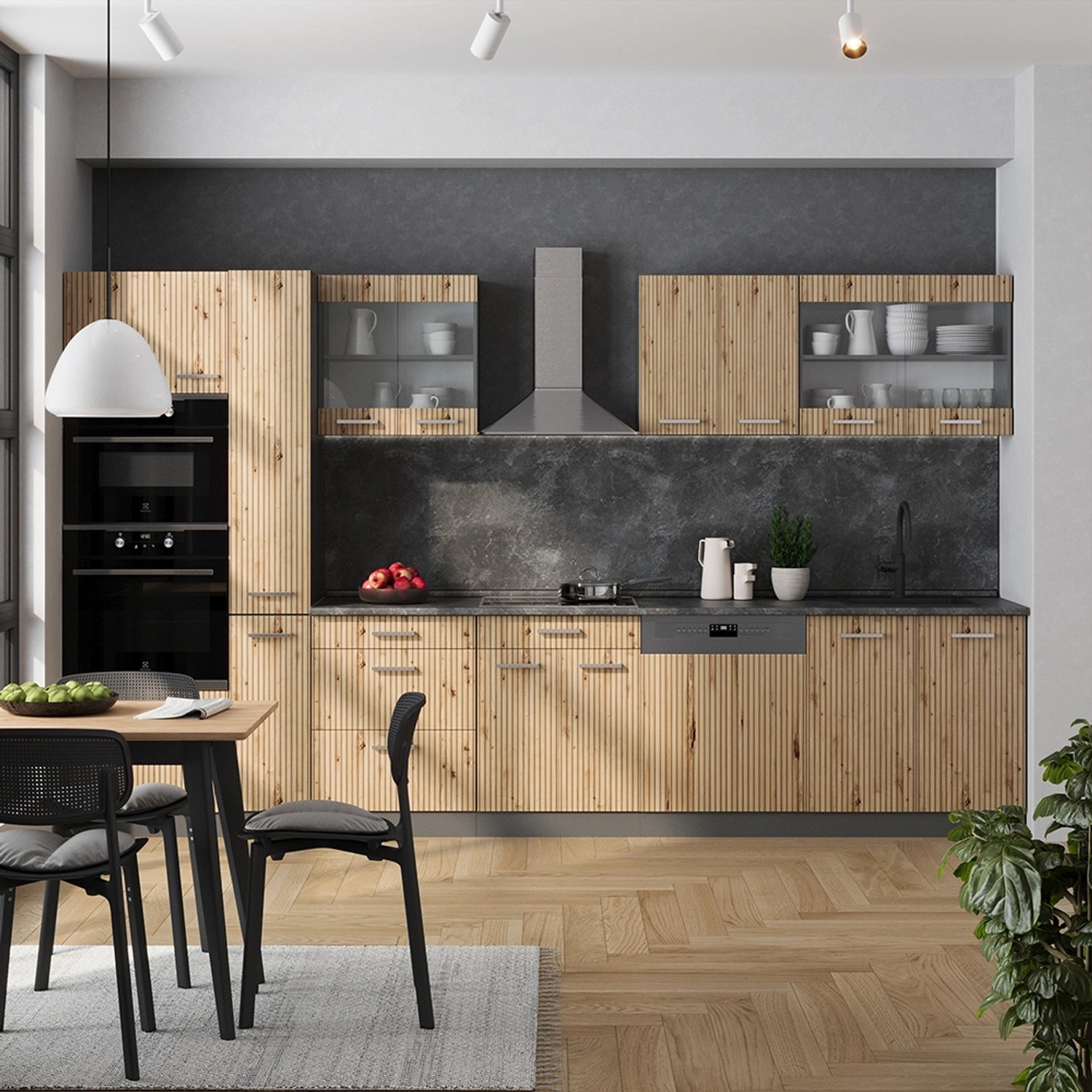 Moderne Vicco R-Line Küche in Artisan Eiche/Anthrazit, 350 cm breit, mit Hochschrank.