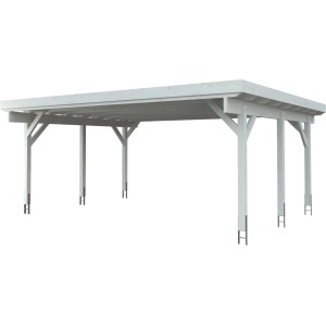 Weißes Kiehn-Holz Doppelcarport mit Stahl-Dacheindeckung und stabilen Holzpfosten.