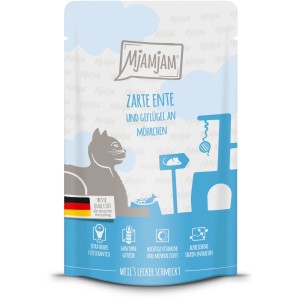 Mjamjam Quetschie Nassfutter Zarte Ente & Geflügel mit Möhrchen, 125g. Katzenfutter im Quetschbeutel.