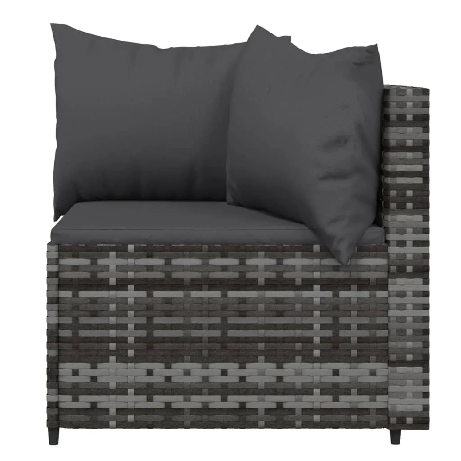 Graues vidaXL Garten-Lounge-Eckteil aus Polyrattan mit anthrazitfarbenen Kissen.