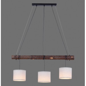 Rustikale Just Light Pendelleuchte mit Holzdekor und drei beigen Lampenschirmen.