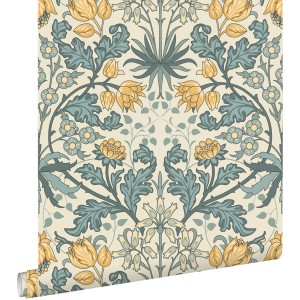 ESTAhome Vliestapete mit Jugendstil Blumenmuster in Blau und Gelb. Rolle mit floralem Design für dekorative Wände.
