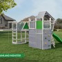 Spielturm Funky Combo DREAMLAND MONSTER mit Rutsche, Kletterwand und Picknicktisch im Garten.