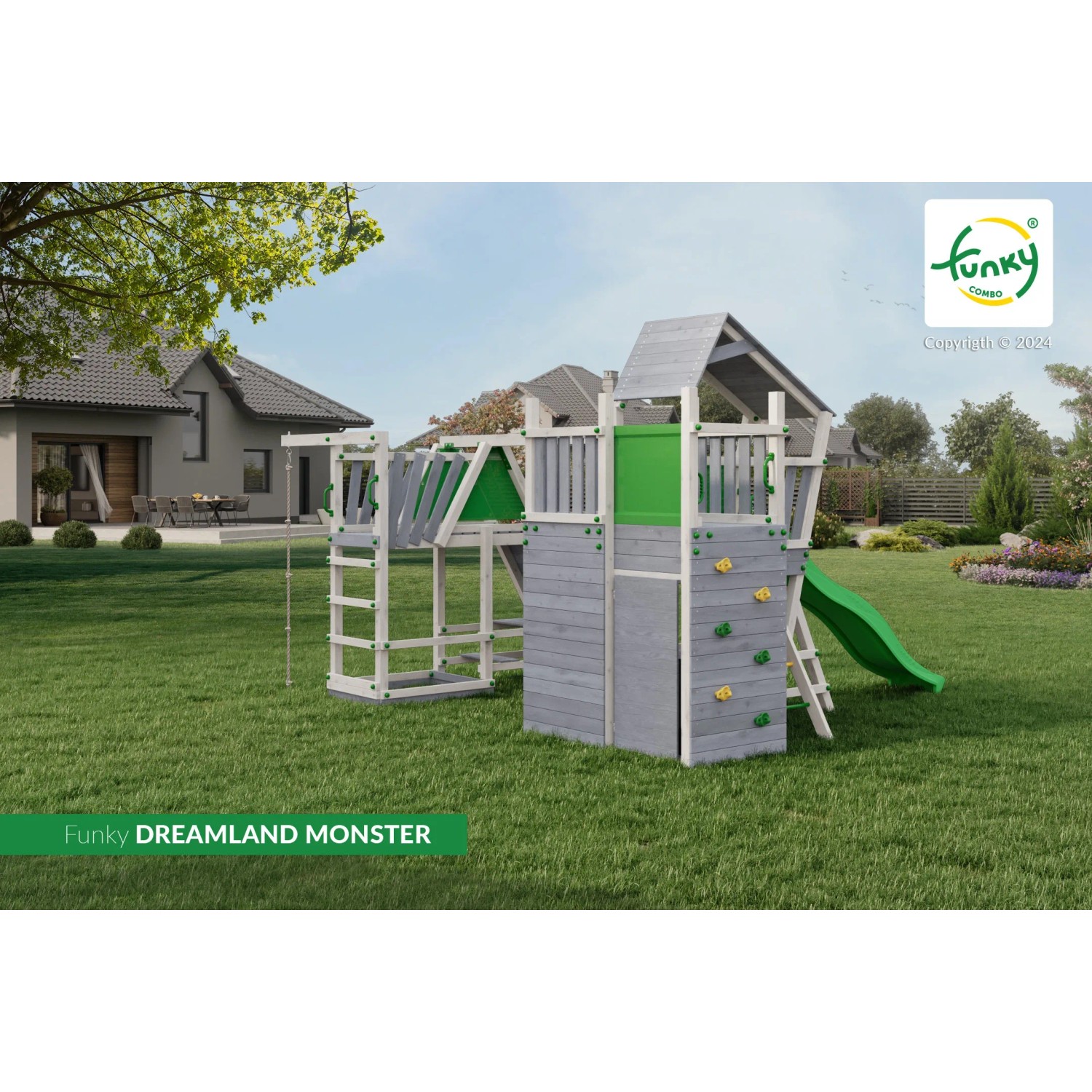 Spielturm Funky Combo DREAMLAND MONSTER mit Rutsche, Kletterwand und Picknicktisch im Garten.