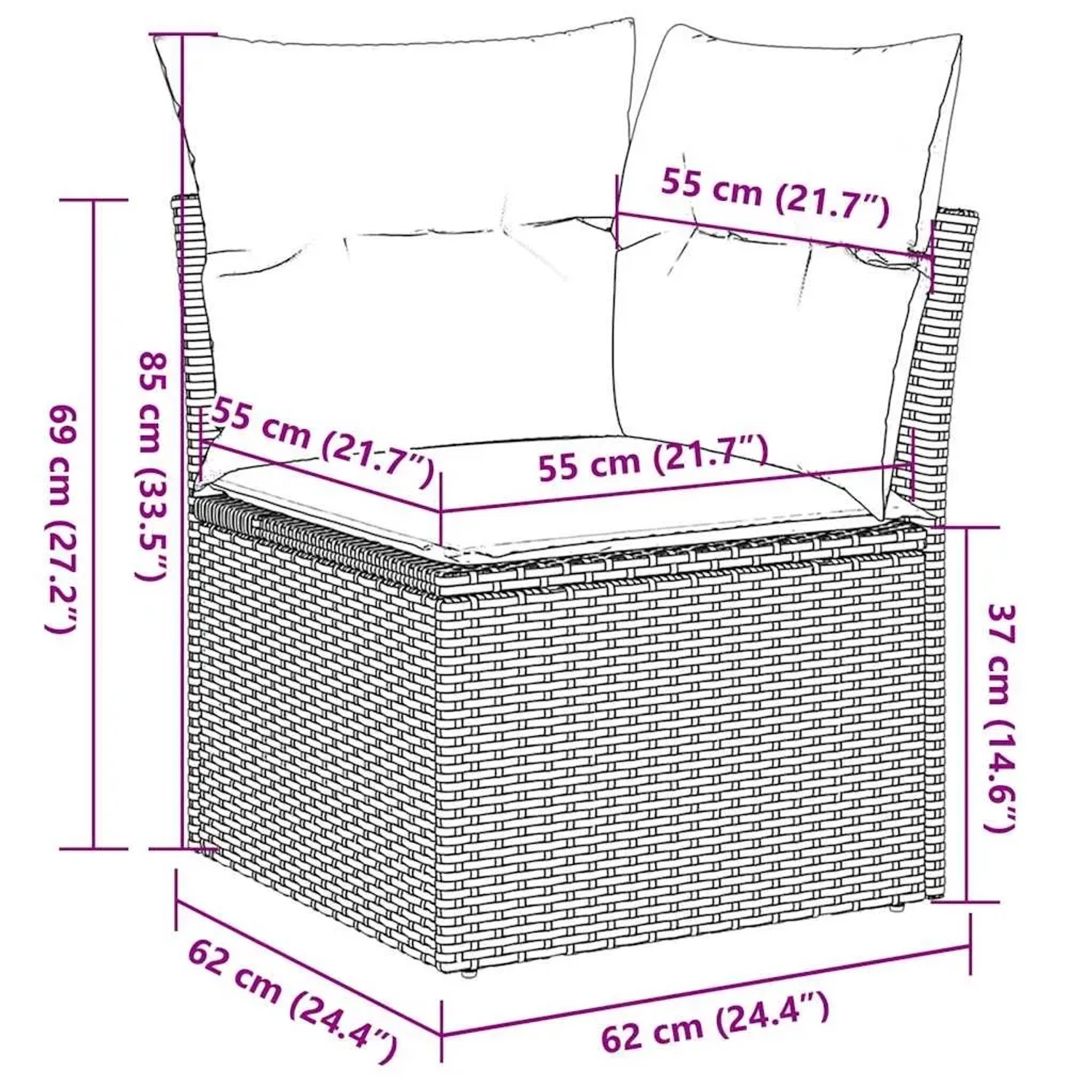 vidaXL Garten-Sofagarnitur, 7-teilig, schwarz, Poly Rattan, mit Maßangaben.