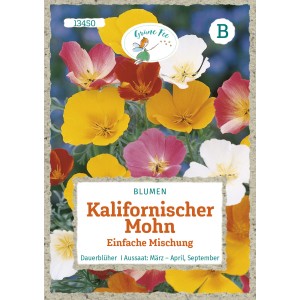 Saatgutpackung Kalifornischer Mohn, einfache Mischung mit gelben, orangen, roten, rosa und weißen Blüten.