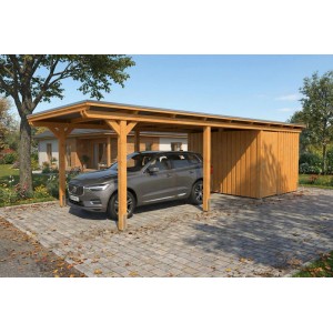 Skan Holz Carport Emsland 340x846 cm aus hellem Leimholz mit Flachdach, Stahl-Dachplatten und Abstellraum.