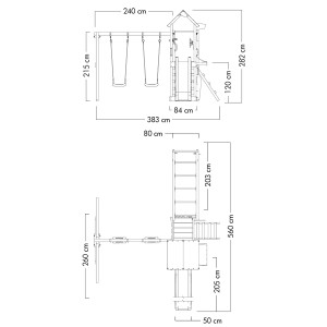 Draufsicht und Seitenansicht Wickey Spielturm Smart Baboon mit Rutsche und Maßen.