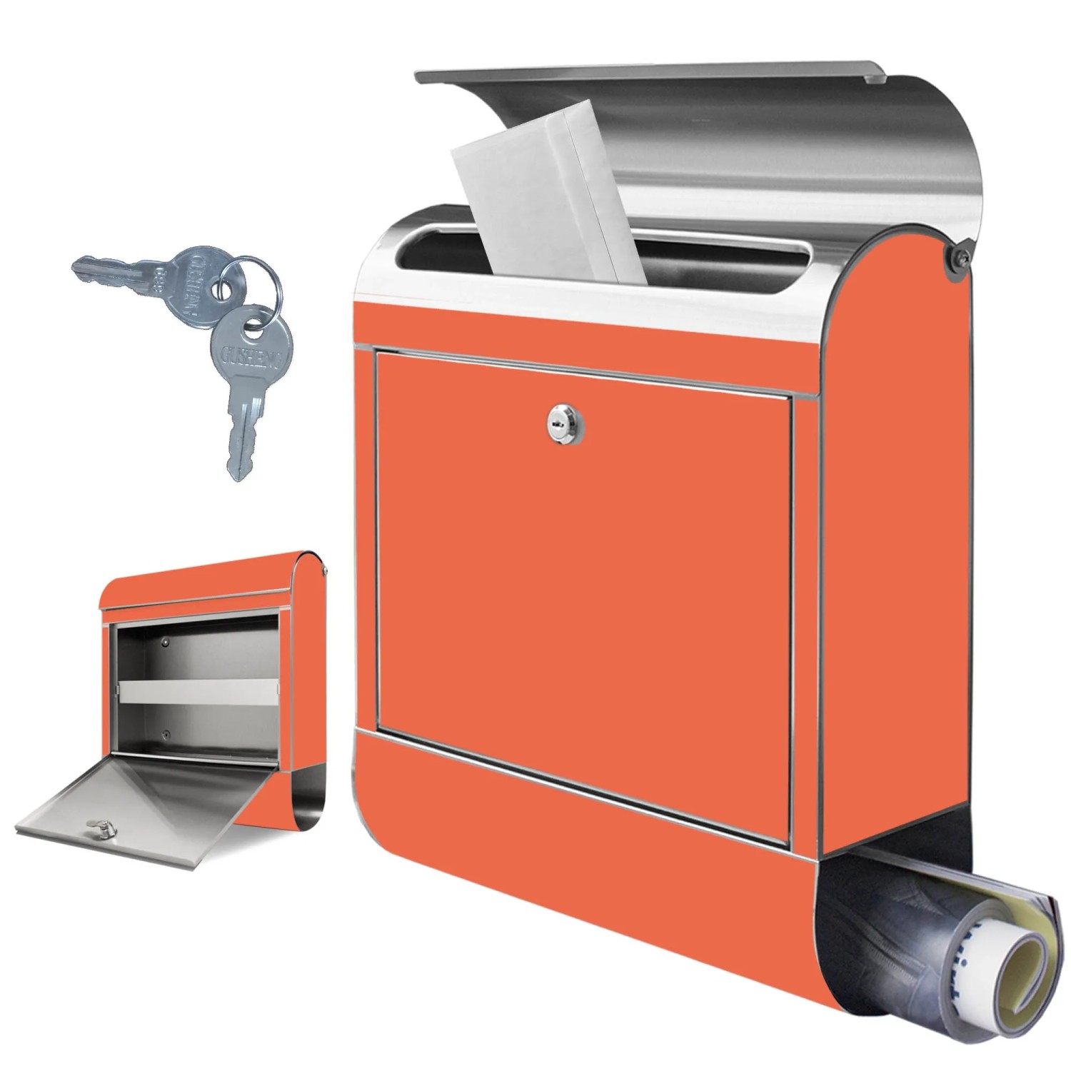 Banjado Edelstahl Briefkasten mit Zeitungsfach, Motiv Orange. Rostfreier Wandbriefkasten.