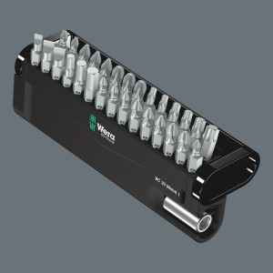 Wera Bitset Check Metall, 30-teilig, mit verschiedenen Bits und Halter in schwarzer Box.