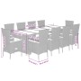 vidaXL 11-tlg. Garten Essgruppe Grau Poly Rattan mit Maßen des Tisches und der Stühle.