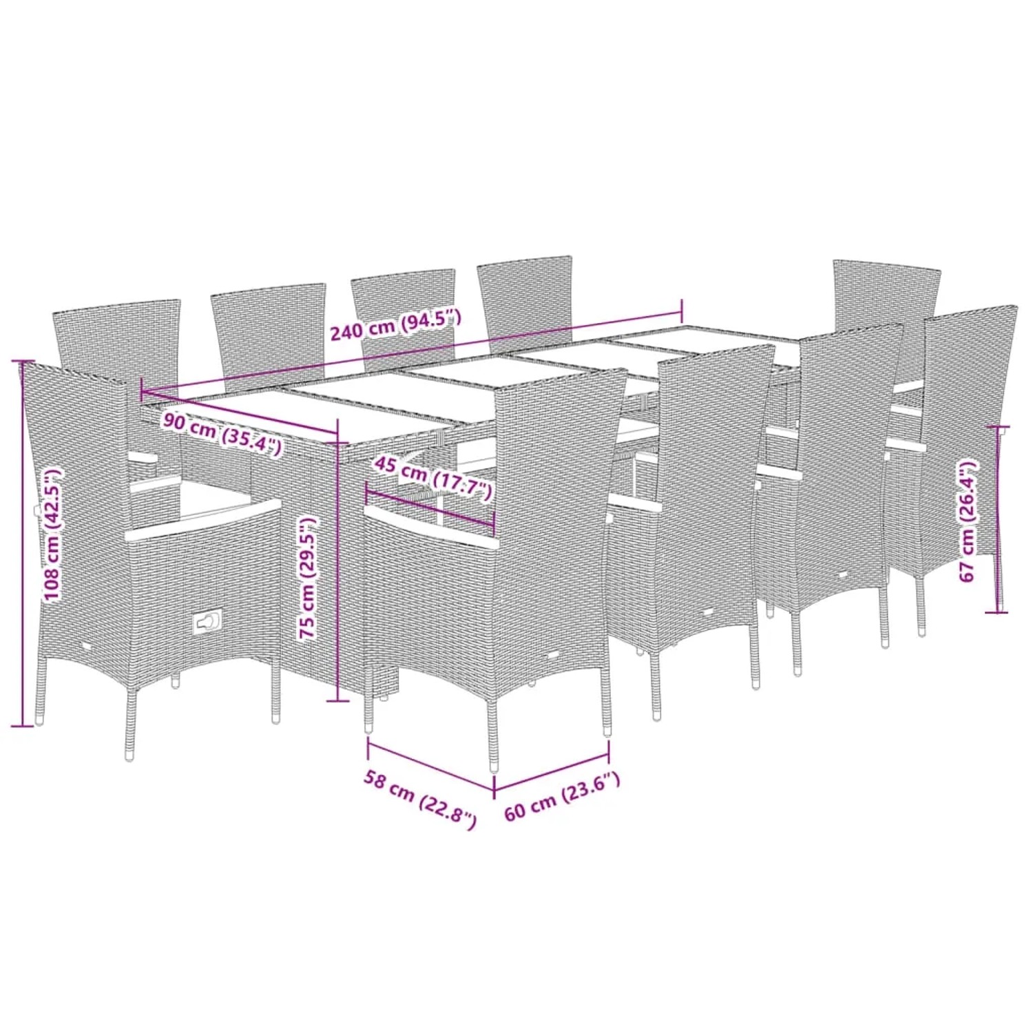 vidaXL 11-tlg. Garten Essgruppe Grau Poly Rattan mit Maßen des Tisches und der Stühle.