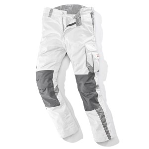 Weiße Bullstar Arbeitshose Worxtar Größe 46 mit grauen Knieverstärkungen und Cargotasche.