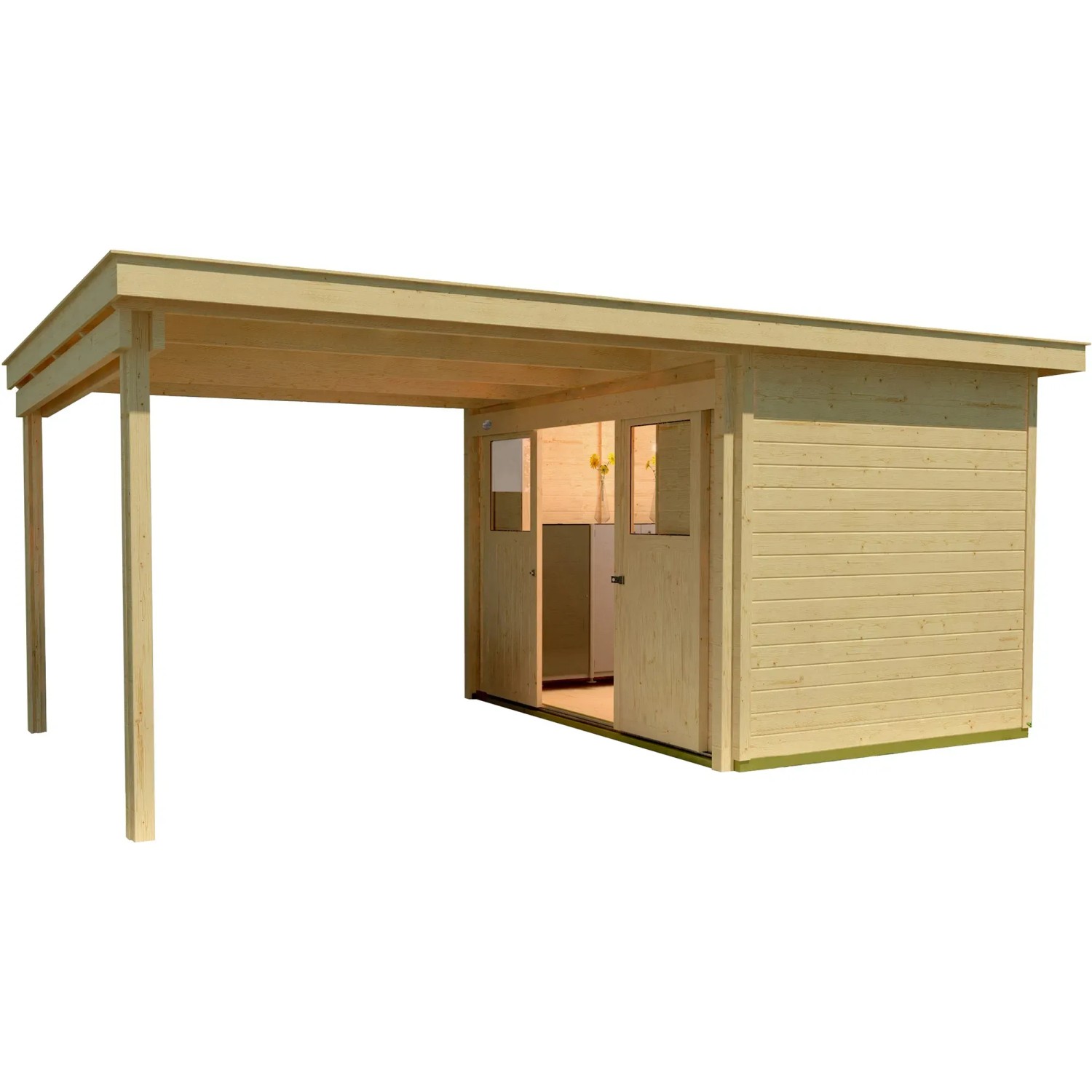 Unbehandeltes Weka Holz-Gartenhaus mit Flachdach und Anbau. Naturholz, 500x-- cm.