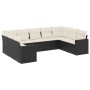 Schwarze 9-teilige Garten-Sofagarnitur aus Polyrattan mit cremeweißen Kissen.