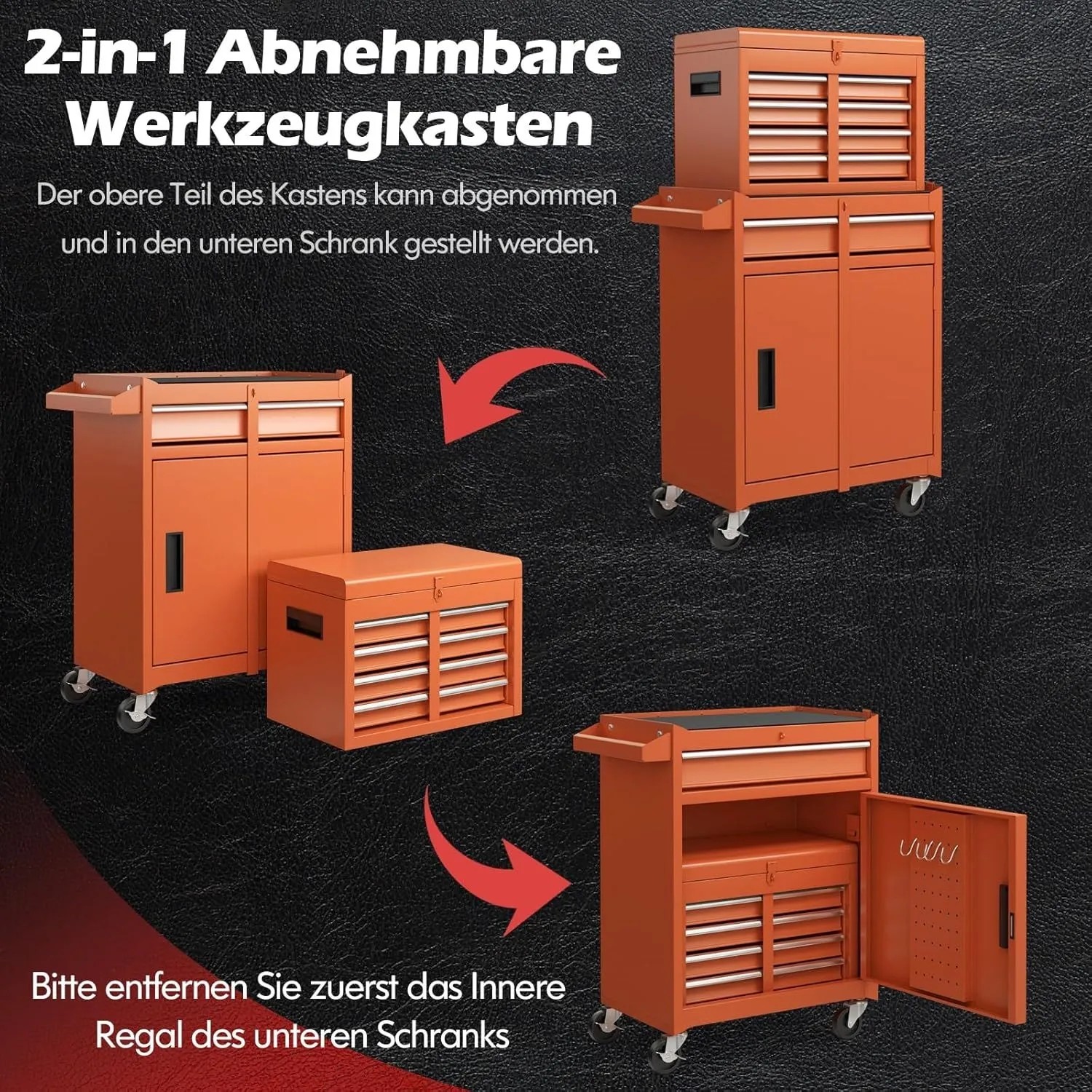 Oranger 2-in-1 Werkstattwagen mit abnehmbarem Werkzeugkoffer, Schubladen und Rollen. Vielseitiger Werkzeugschrank.