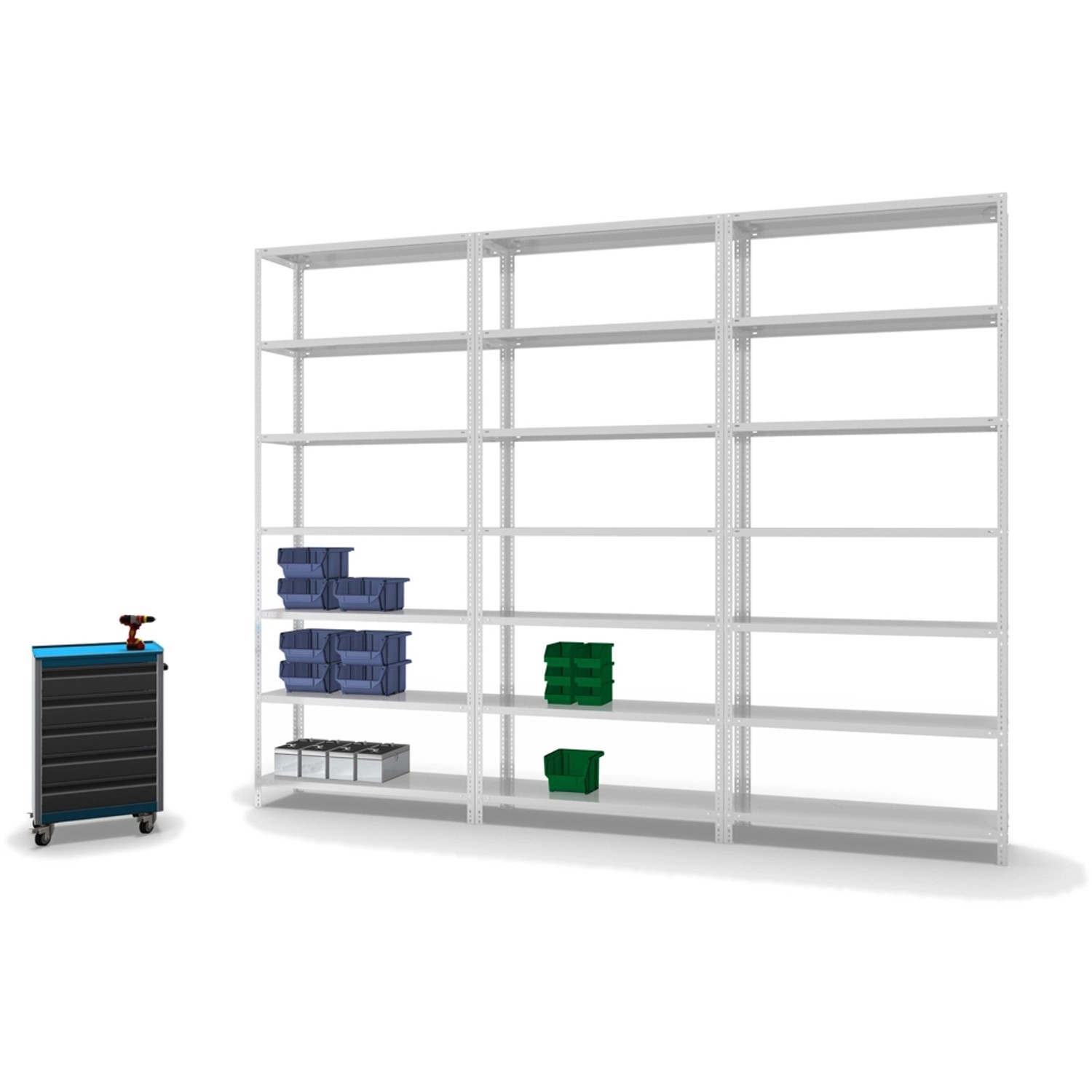 PROREGAL Schwerlastregal, Schraubsystem, 300x130x40 cm, 7 Ebenen, lichtgrau, beidseitig nutzbar.