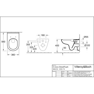 Technische Zeichnung: Villeroy & Boch O.novo WC-Set, spülrandlos, mit Maßen.