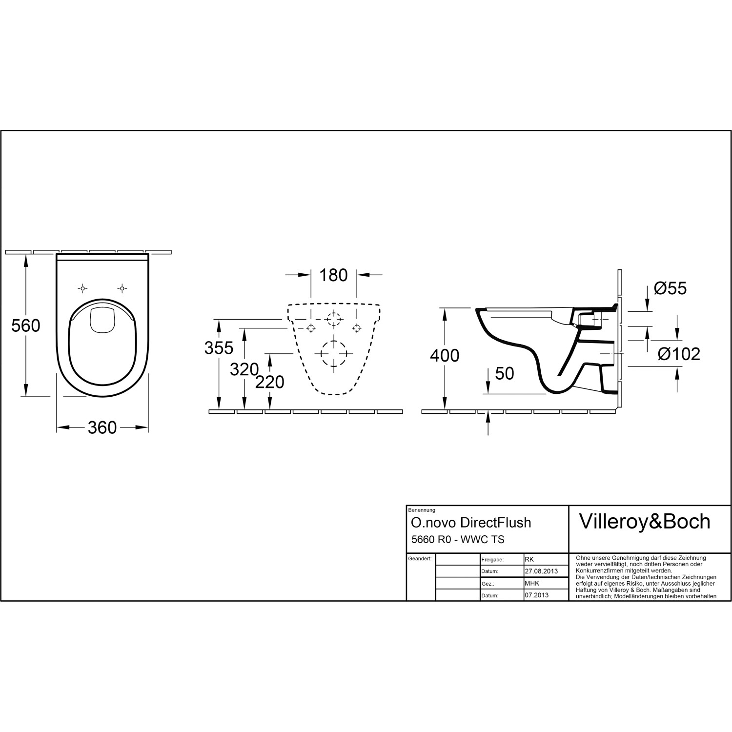 Technische Zeichnung: Villeroy & Boch O.novo WC-Set, spülrandlos, mit Maßen.