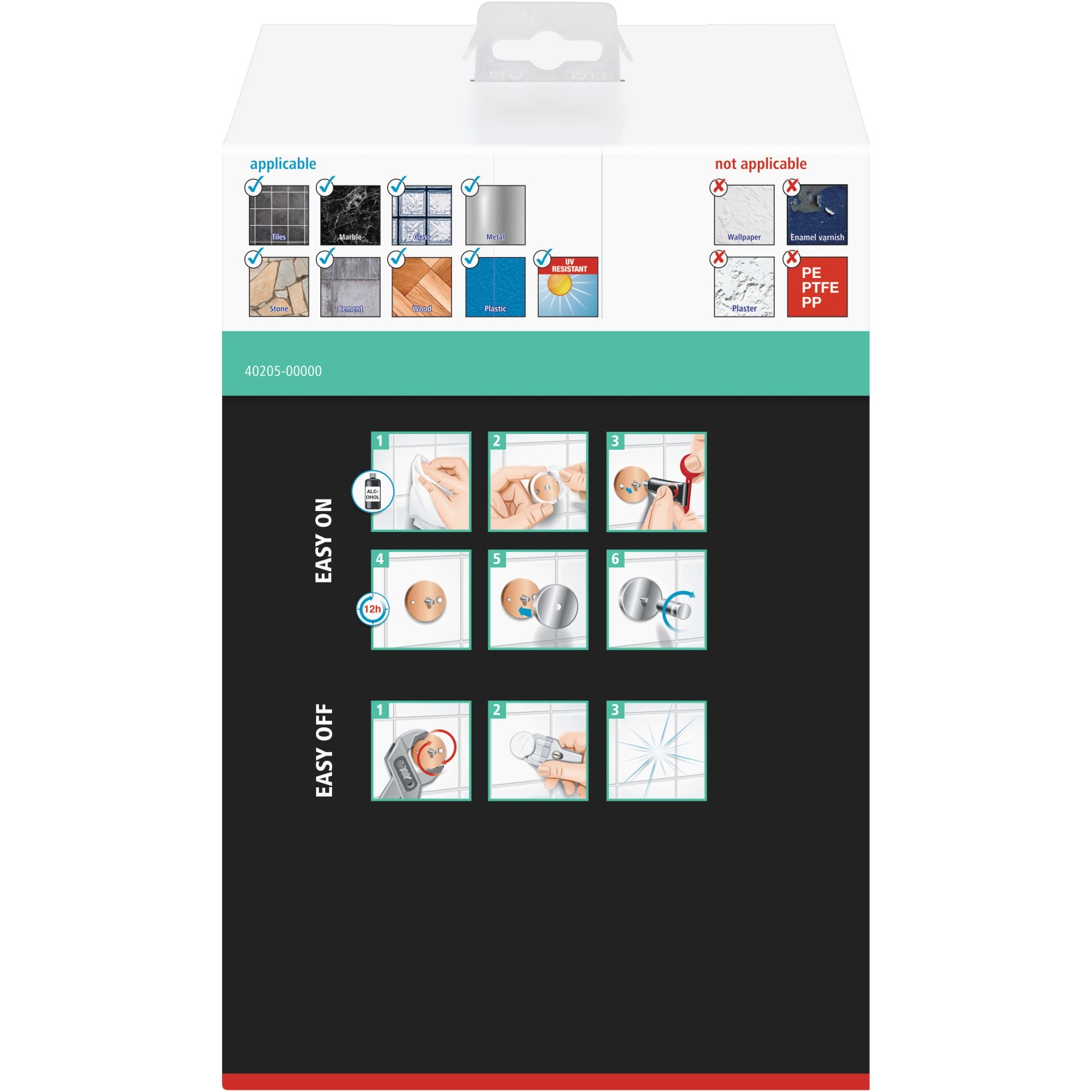 Verpackung der Tesa Eckduschablage Aluxx mit Montageanleitung.