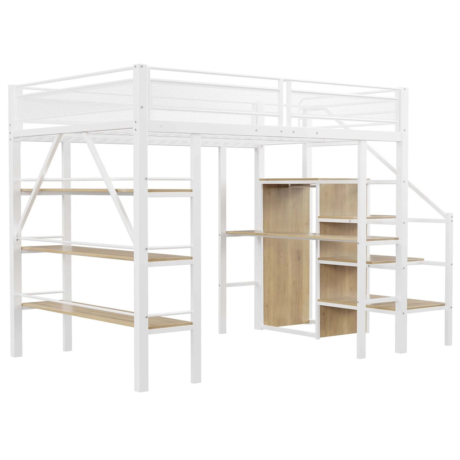 okwish Hochbett 140x200cm mit LED Beleuchtung Steckdose Bücherregal Weiß ohne Matratze