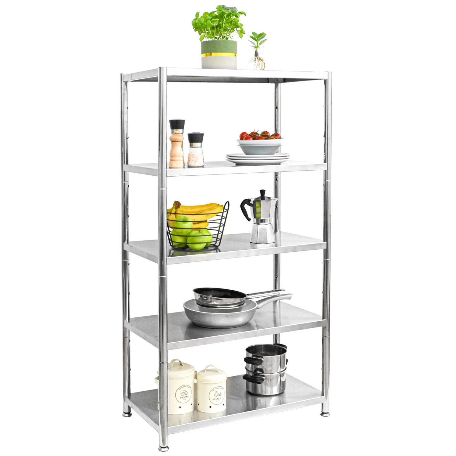 shelfr Edelstahl Schwerlastregal bis 200 kg auf 5 Ebenen 74 x 41 x 140 cm