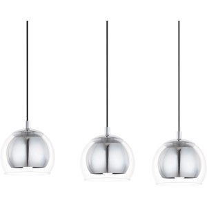 Eglo Rocamar Pendelleuchte mit drei chromfarbenen Stahl- und Glaselementen.