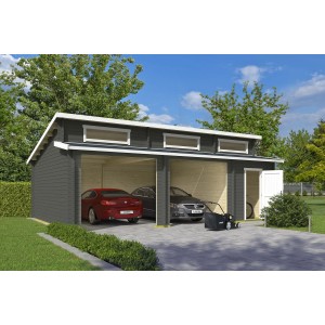 Grau-grüne Lasita Garage Hawaii ohne Tore (780x520cm) mit zwei Autos und Rasenmäher.