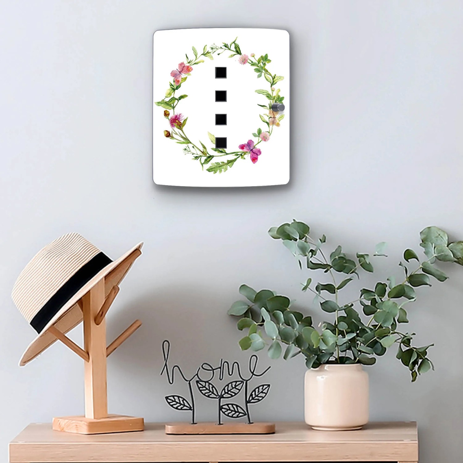 Banjado Schlüsselkasten Edelstahl mit Aquarell Blumenring Motiv für 10 Schlüssel.