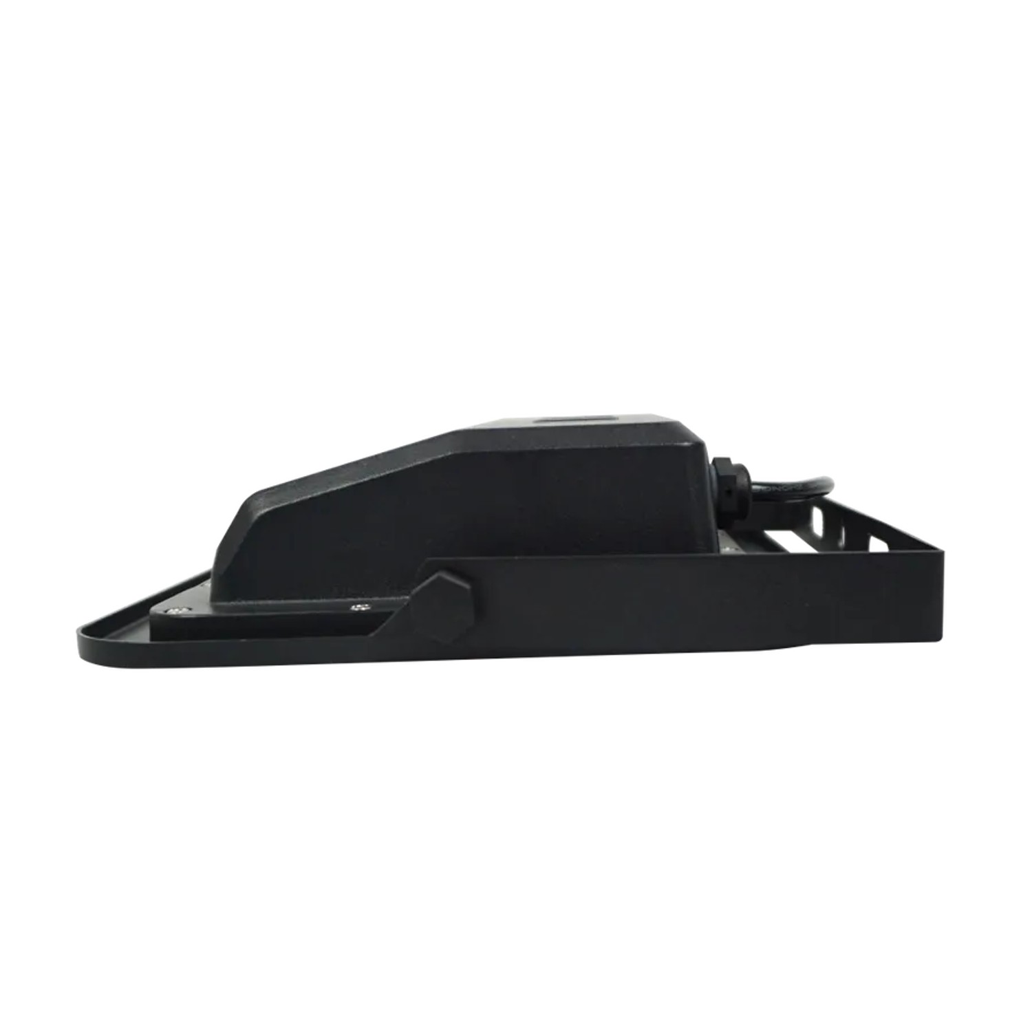 Schwarzer ENOVALITE Solarstrahler PRO 100W, Seitenansicht. LED-Außenstrahler mit Dämmerungssensor.