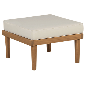 Quadratischer Gartenstuhl/Hocker Beliani aus hellem Holz mit beigem Kissen (57x57x39 cm).