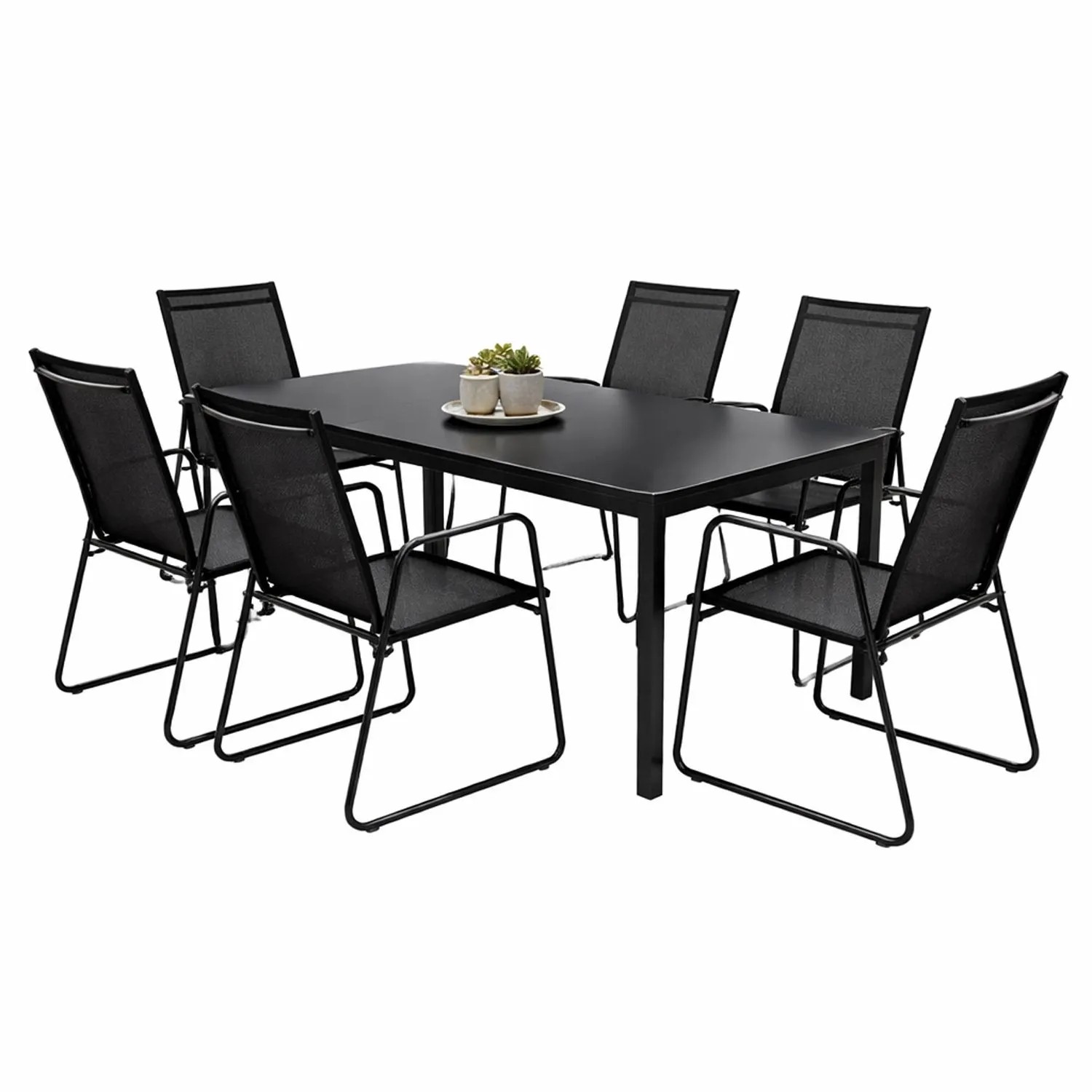 Mojawo 7tlg Outdoormöbel Set Gartenmöbel Gartengarnitur Glastisch Gartentisch 180x90cm 6 Sessel Schwarz