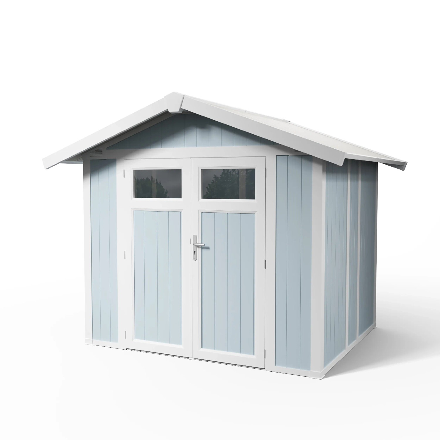 Grosfillex Gerätehaus Utility 4,9 in Graublau, Kunststoff-Gartenhaus mit Doppeltür und Satteldach.