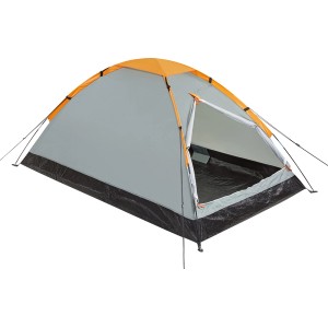 Graues 4-Personen-Kuppelzelt mit orangem Dach, offenem Eingang und Abspannseilen für Camping.