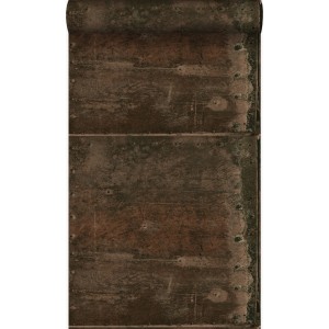 Tapete mit Rost-Optik: Große, verwitterte Metallplatten in Rostbraun für einen Industrial-Look.