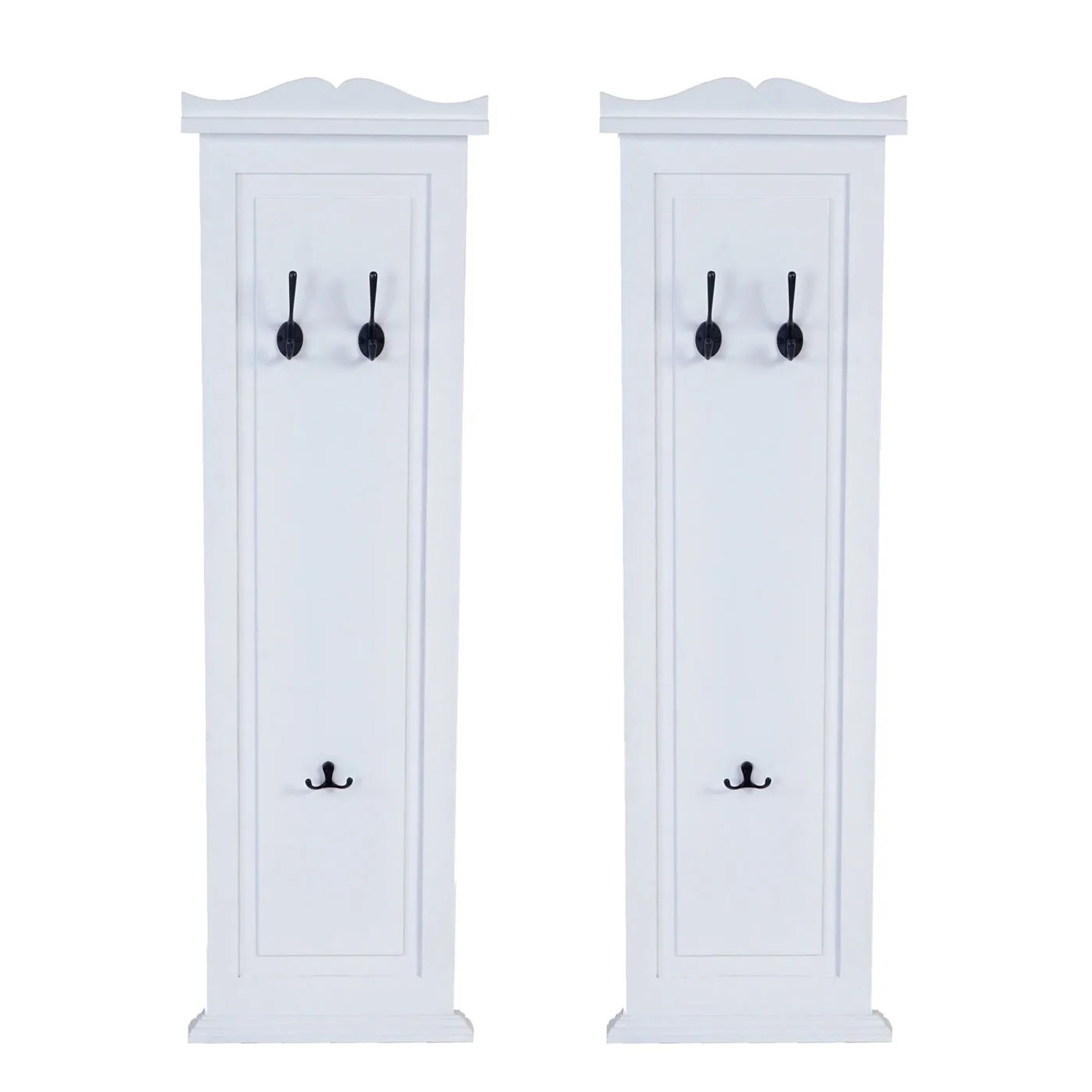 2er Set weiße Wandgarderobenpaneele mit je 3 Haken aus Paulowniaholz.