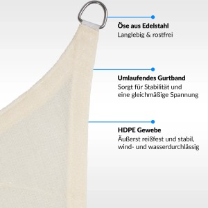 Detailaufnahme: Cremeweißes Toldoro Sonnensegel mit Edelstahl-Öse, Gurtband und HDPE-Gewebe.