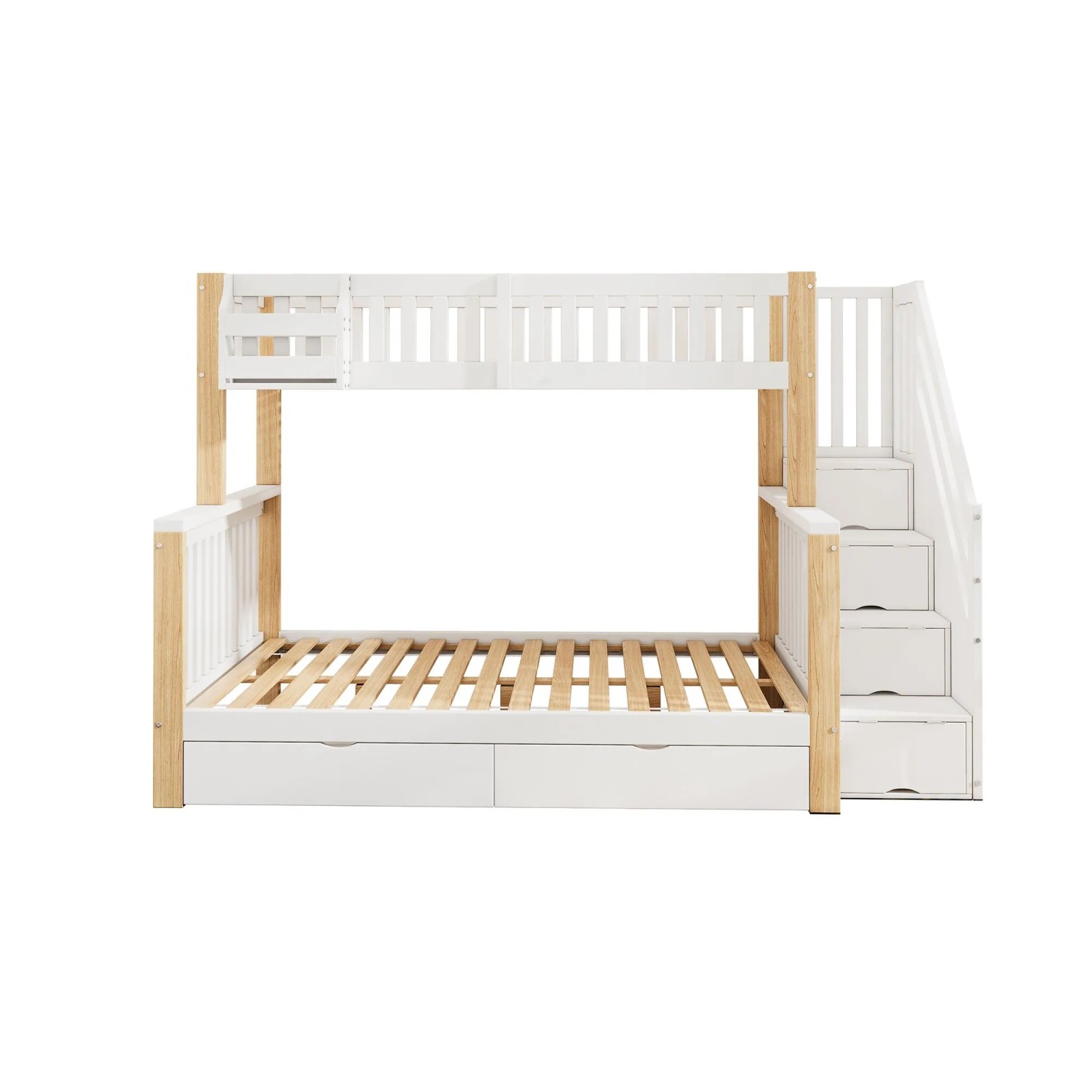 KOMHTOM Kinder-Etagenbett  Doppelbett  Multifunktionales Kinderbett Mit Ablagekorb  Mit Schublade  Mit Treppenschrank  Weiß + Naturfarben