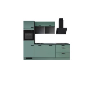 Moderne Küchenzeile 260 cm in Thymian-Grün mit Grafit-Arbeitsplatte, Backofen und Dunstabzugshaube. Vormontierte Einbauküche.