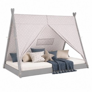 Graues Homestyle4u Tipibett 90x200 cm aus Kiefernholz mit Sternen-Zeltstoff, Lattenrost, Matratze und Kissen.