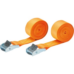 Zwei orangefarbene Spanngurte mit Klemmverschluss für Reise & Transport.