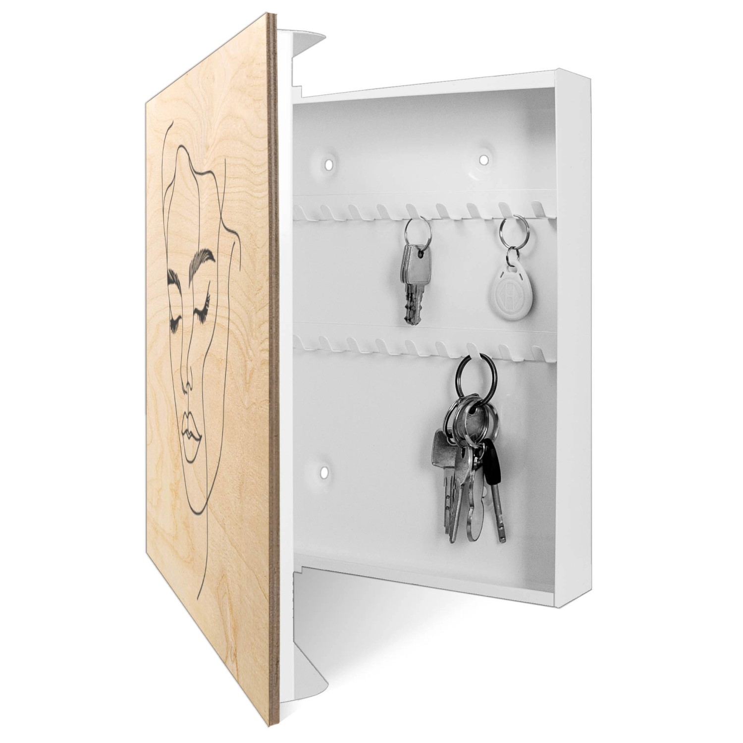 Weißer Banjado Schlüsselkasten mit Holzfront, Linienkunst-Portrait und 50 Haken zur Schlüsselaufbewahrung.