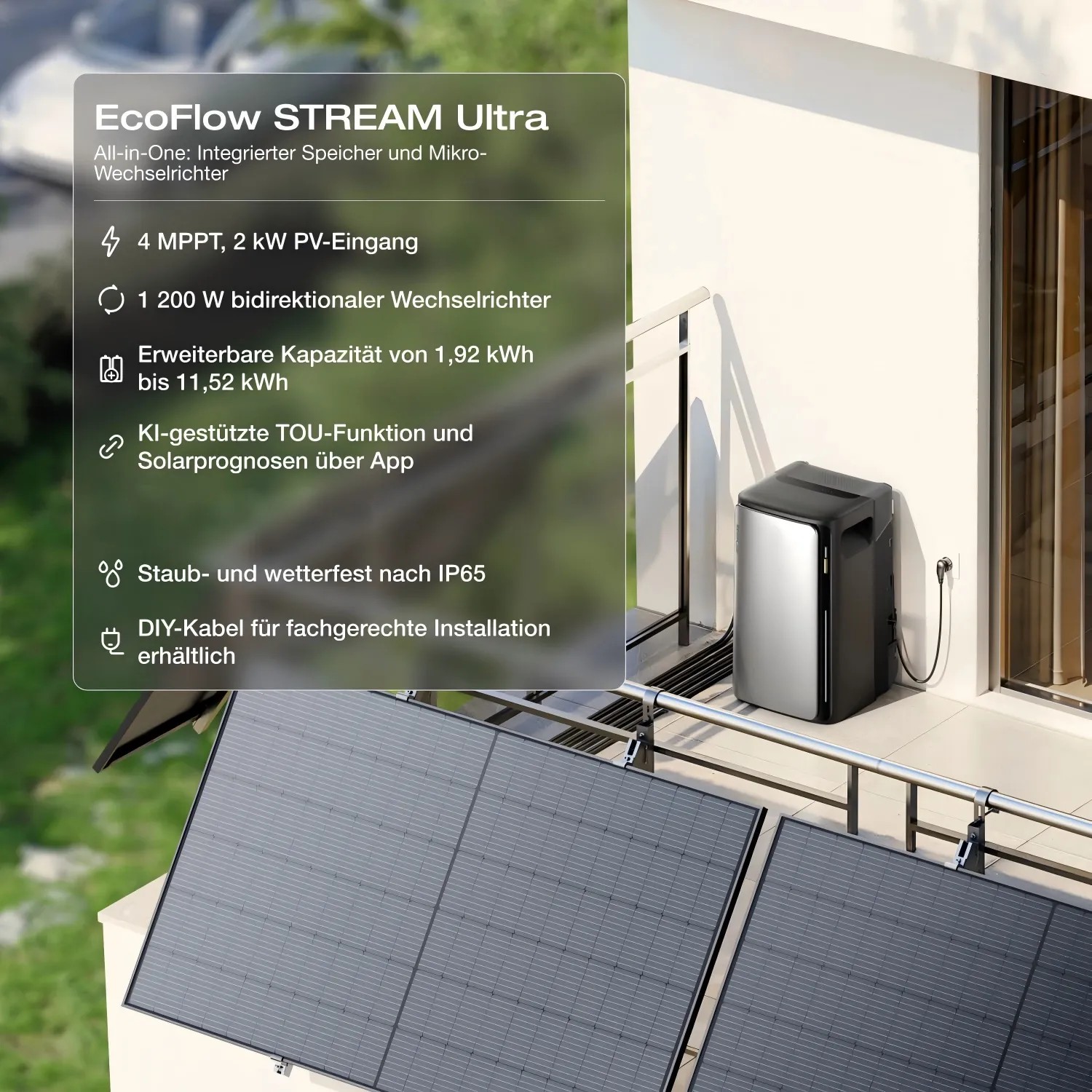 EcoFlow Stream Ultra Balkonkraftwerk mit Speicher und 4 Bifazial Modulen auf Balkon.